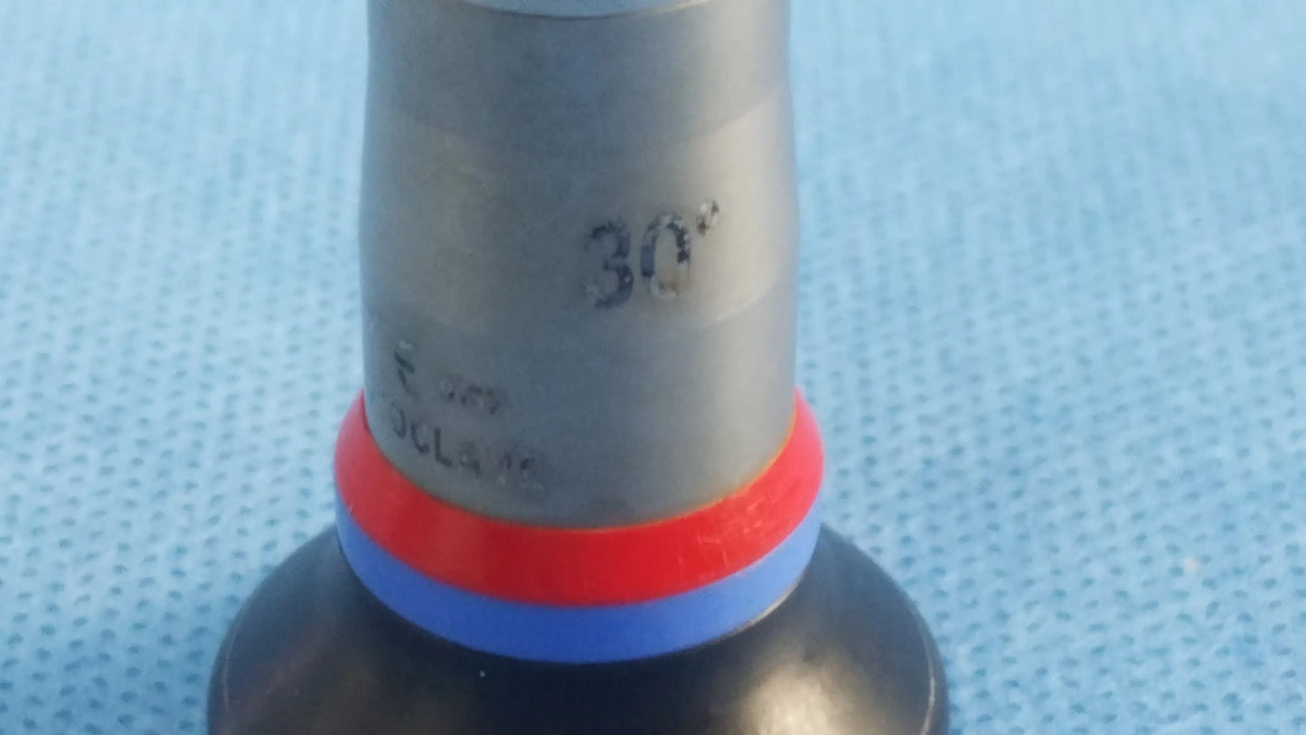 Gray metallic a22002a autoclave cystoscope nozzle with red and blue rings marked 30 degrees compatible Olympus cystoscopic systems