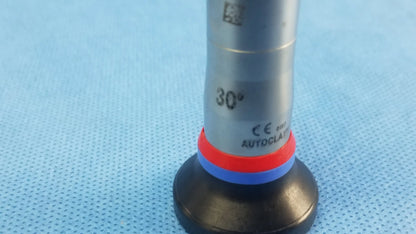 Silver surgical instrument with black base red-blue ring marked 30° autoclave compatible olympus cystoscopic a22002a