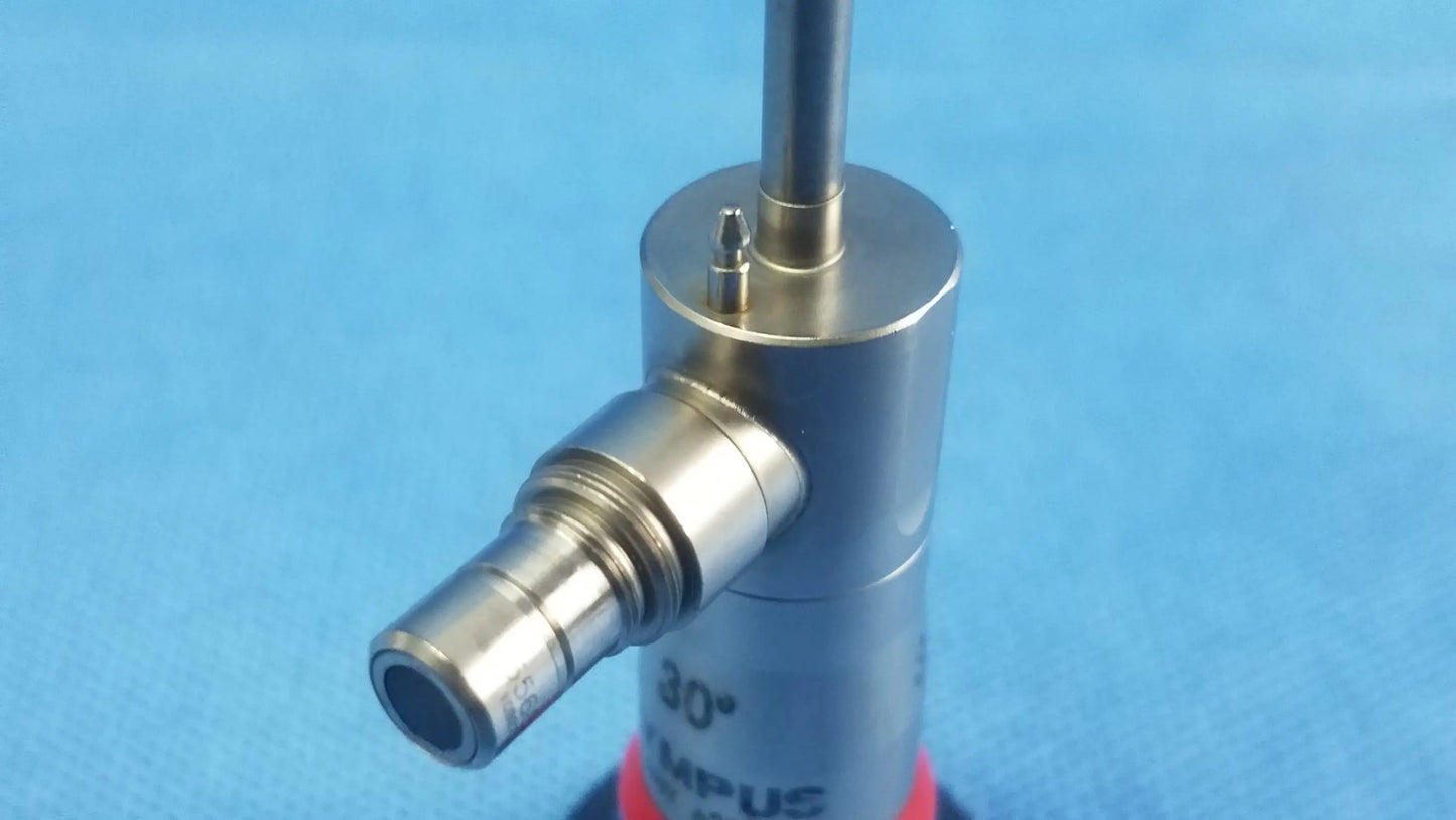 Silver metallic cylindrical autoclave cystoscope with 30-degree angled tip and threaded connection compatible olympus cystoscopic a22002a