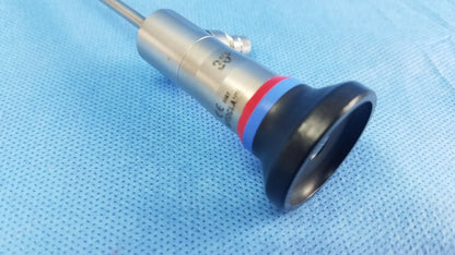 Silver surgical endoscope with black lens housing and red-blue striped metallic body compatible olympus cystoscopic a22002a