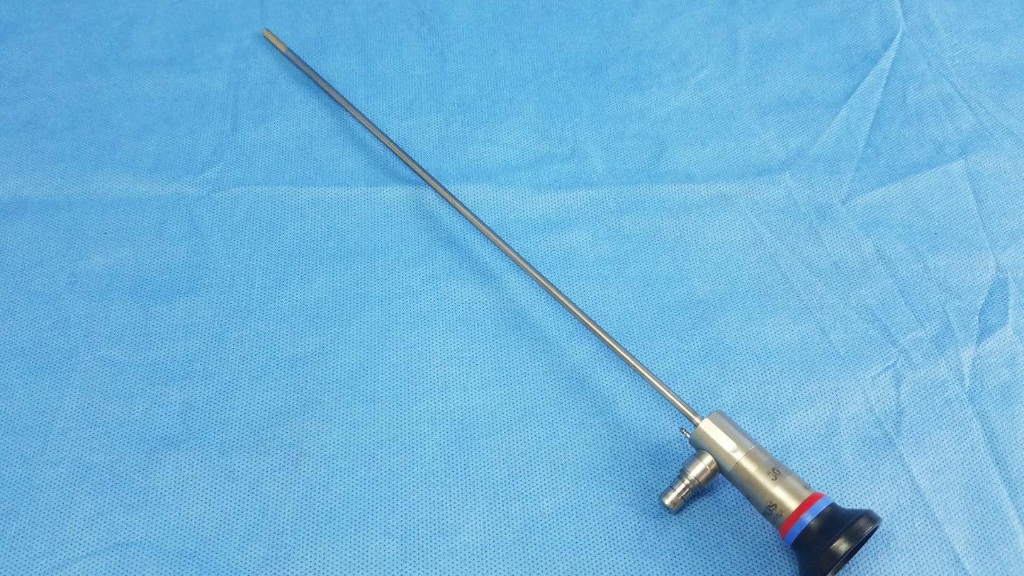 Silver surgical endoscope with black handle and red accent ring compatible with olympus cystoscopic systems a22002a