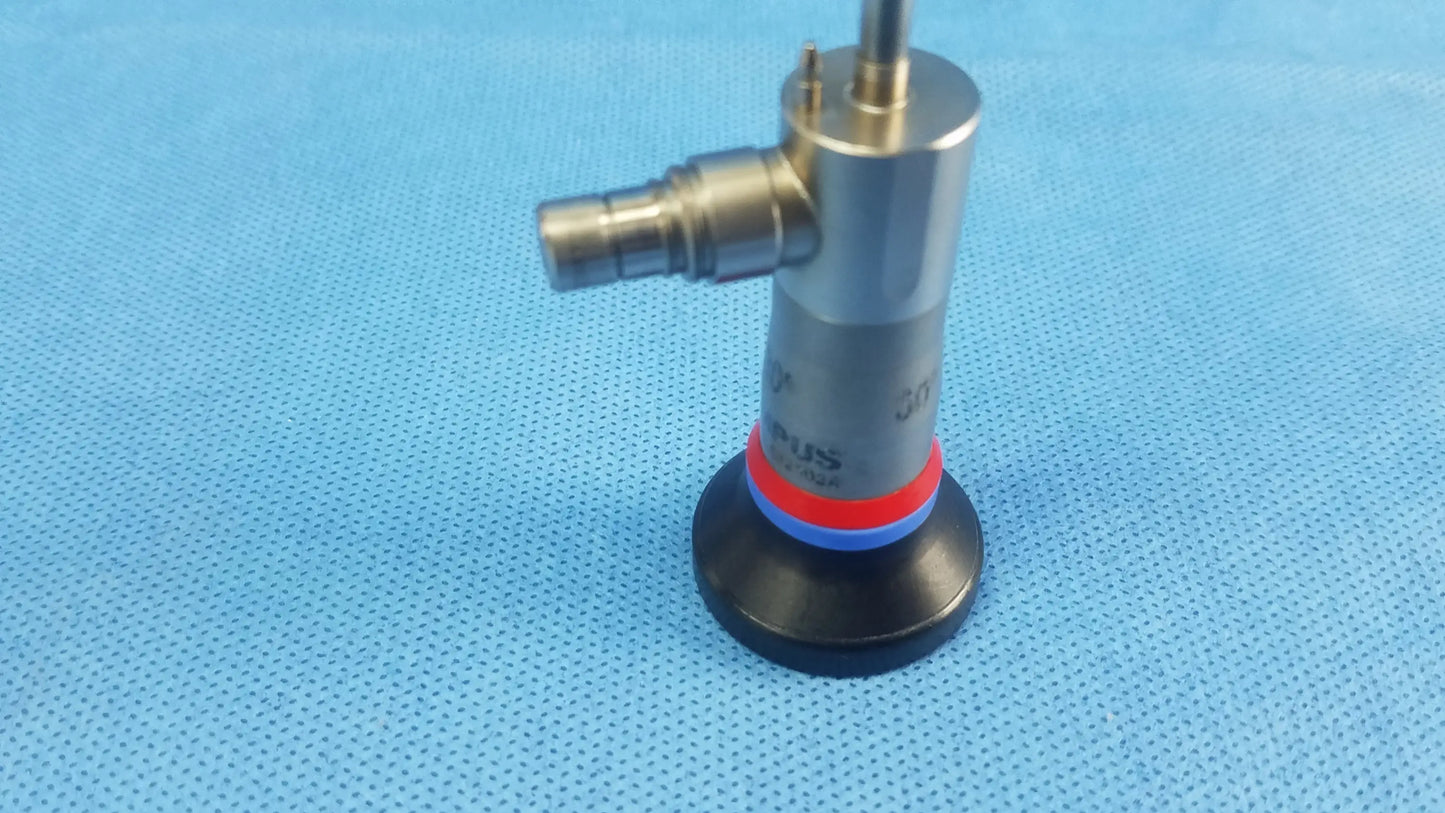 Silver metallic a22002a 30 degree autoclave compatible Olympus cystoscopic endoscope with black base and red and blue ring accents