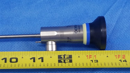 Silver metallic olympus endoscopic rigid telescope a22003a with black rubber tip and blue accent ring branded germany