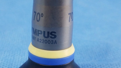 Silver olympus endoscopic rigid telescope a22003a with yellow and blue ring marked 70 degrees for medical use