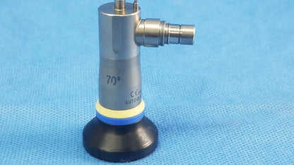 Silver metallic olympus endoscopic a22003a rigid telescope with black base and yellow blue ring marked 70 degrees