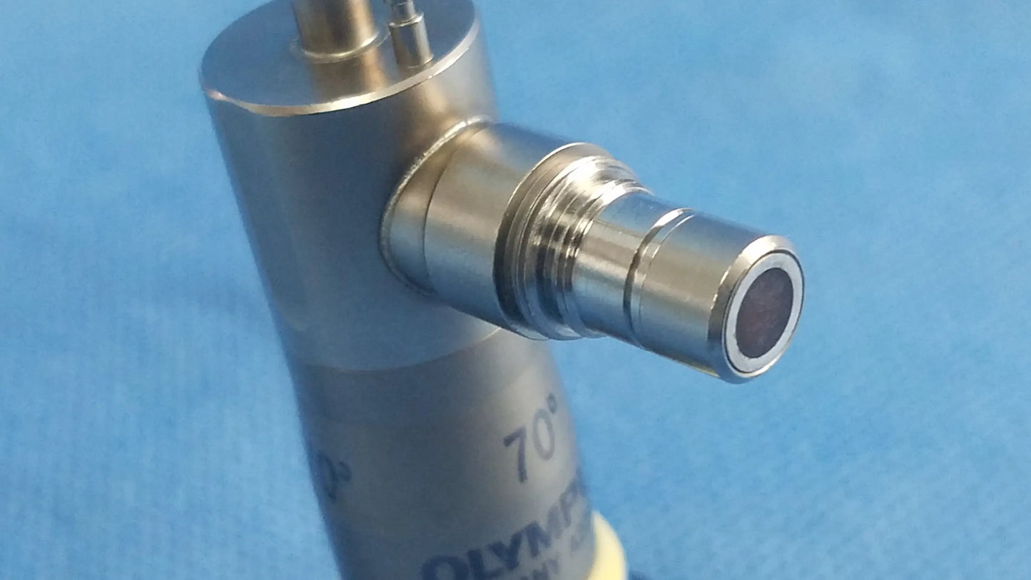 Silver metallic cylindrical sensor with threaded connector and engraved 70° marking for rigid telescope compatible with olympus endoscopic systems