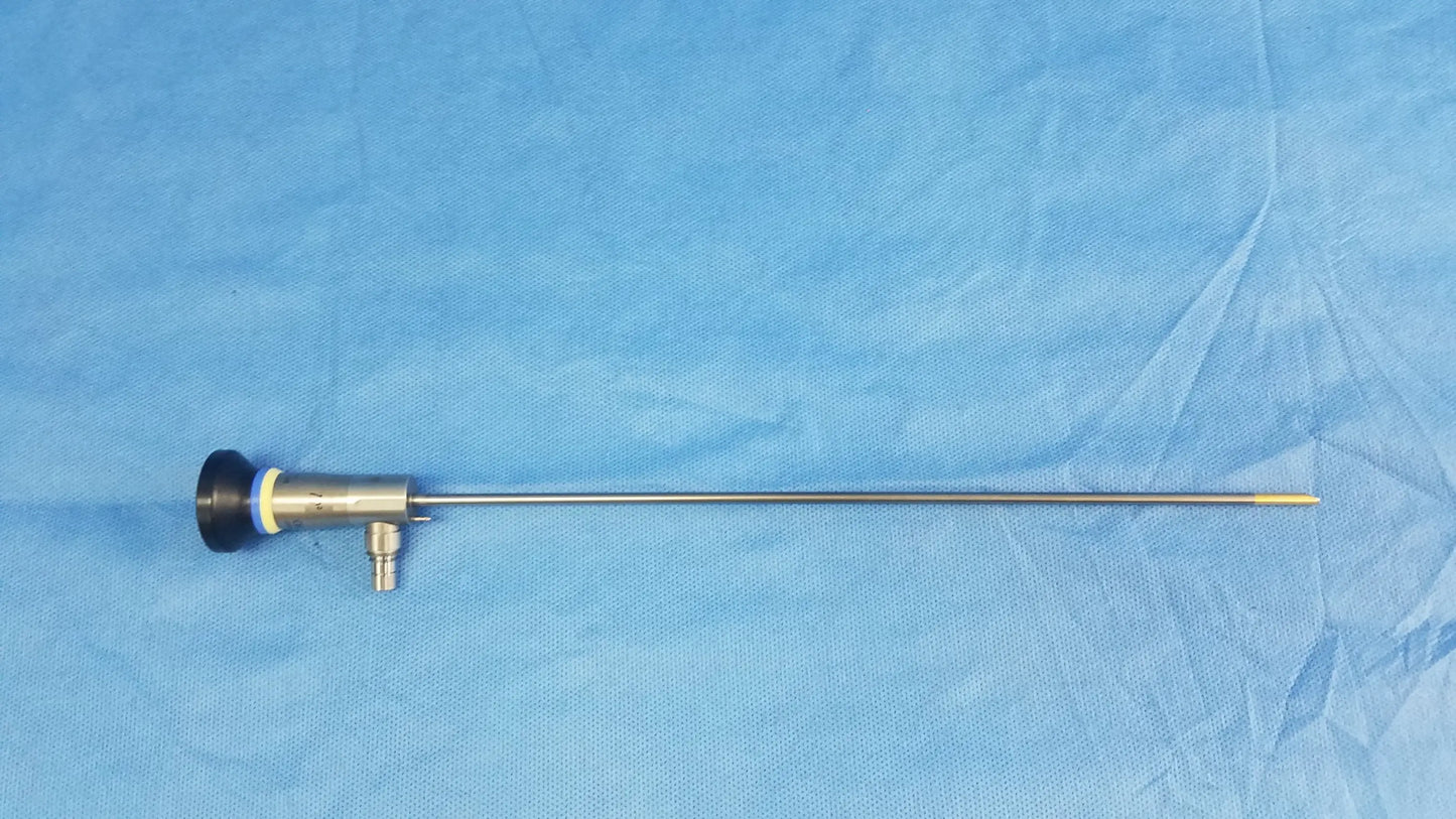 Silver surgical rigid telescope with black rubberized tip and metallic joints compatible with olympus endoscopic systems