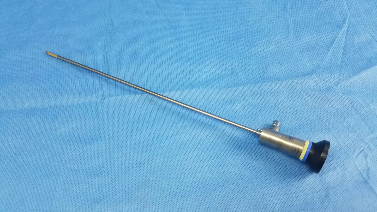 Silver rigid telescope with black and blue rubberized grip compatible olympus endoscopic systems model a22003a