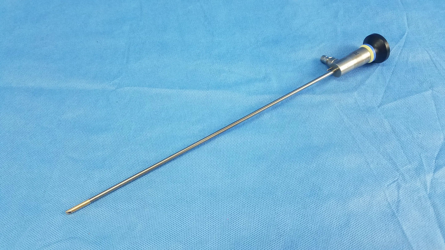 Silver rigid telescope with black-tipped handle and metallic shaft compatible with olympus endoscopic systems