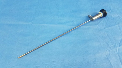 Silver rigid telescope with black-tipped handle and metallic shaft compatible with olympus endoscopic systems