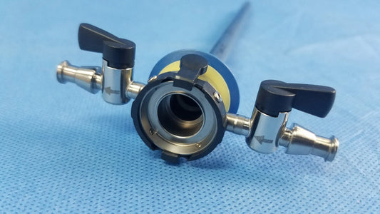 Blue and yellow Olympus Germany A22025A continuous-flow outer resectoscope sheath with black handles for resectoscope systems