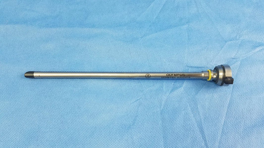 Silver metallic olympus germany a22041a hysteroscopic inner sheath with sleek cylindrical body and black-tipped end instrument component
