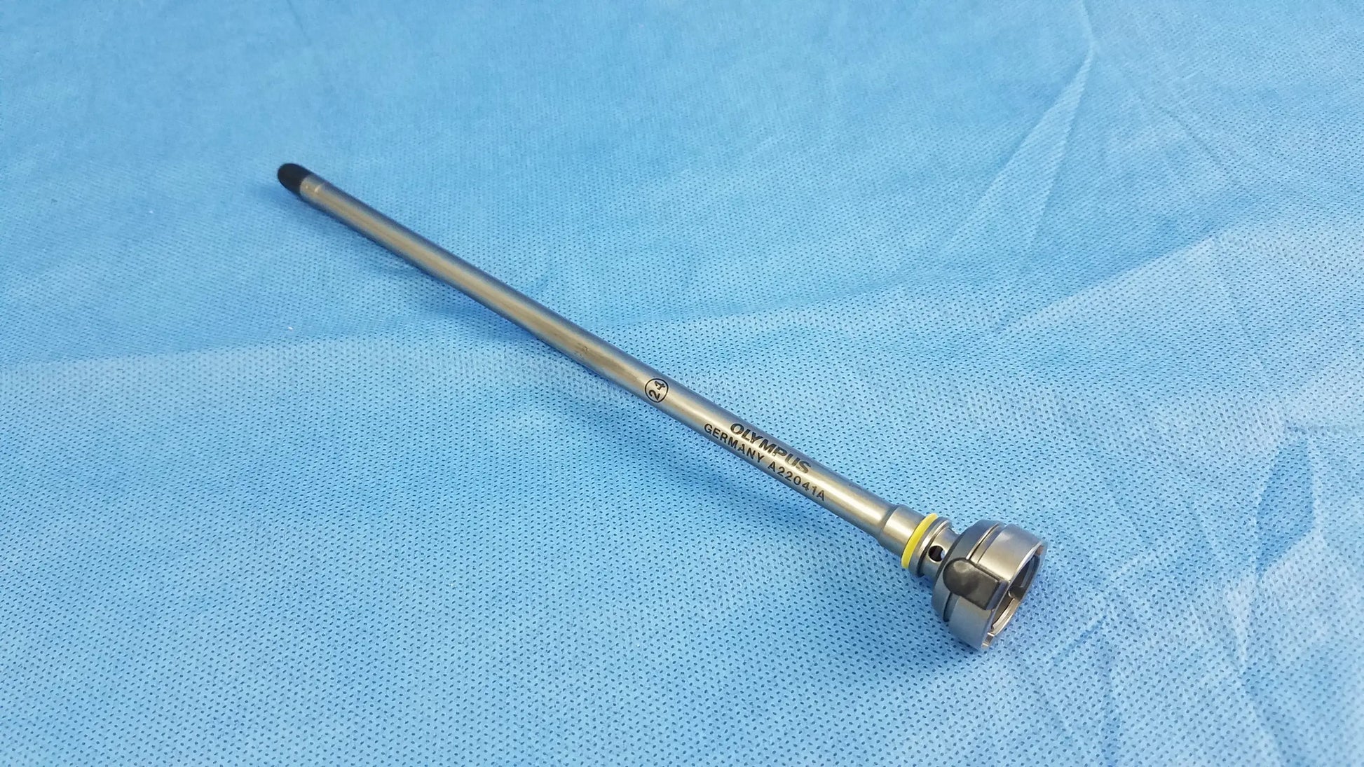 Silver olympus germany a22041a hysteroscopic inner sheath with black-tipped endoscopic instrument component and engraved branding