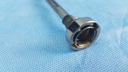 Silver-colored metal 26fr resection sheath instrument component with cylindrical shaft and flanged slotted head by olympus germany