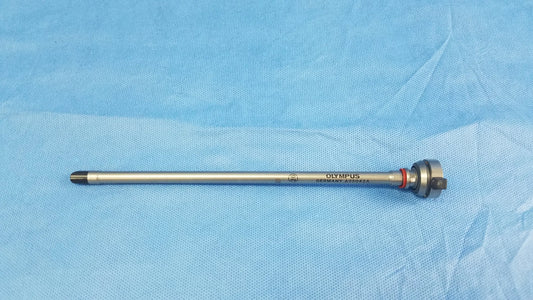 Silver-colored olympus germany a22042a 26fr resection sheath with textured grip and engraved branding instrument component