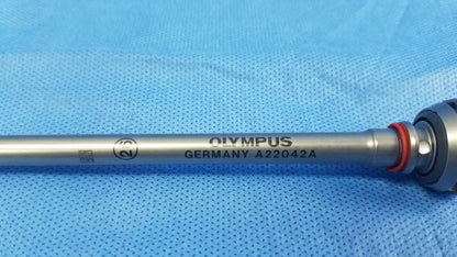 Silver metallic Olympus Germany A22042A 26fr resection sheath instrument component with engraved branding and model number