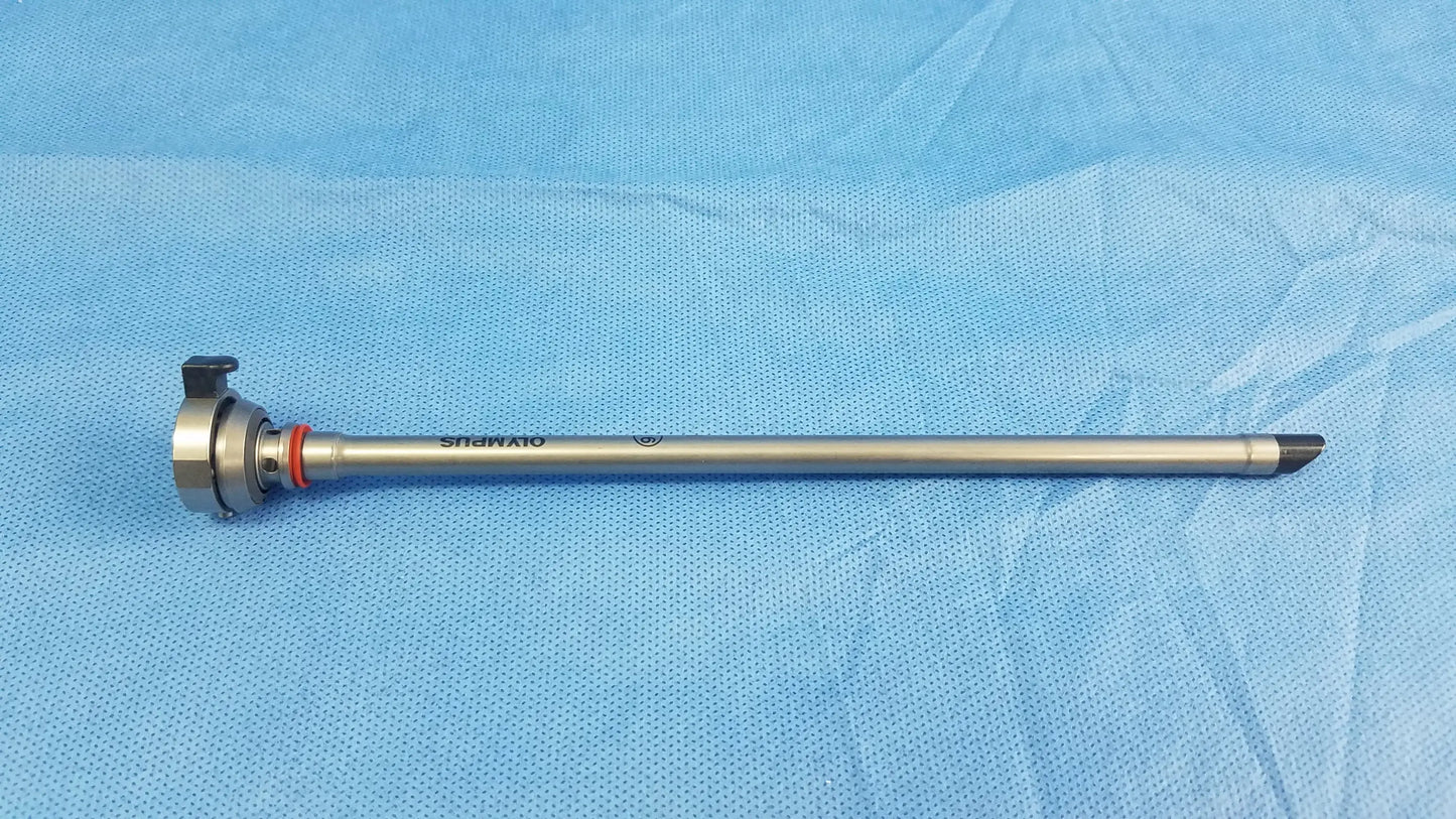 Silver metallic 26fr resection sheath instrument component with black-tipped end and engraved olympus germany branding