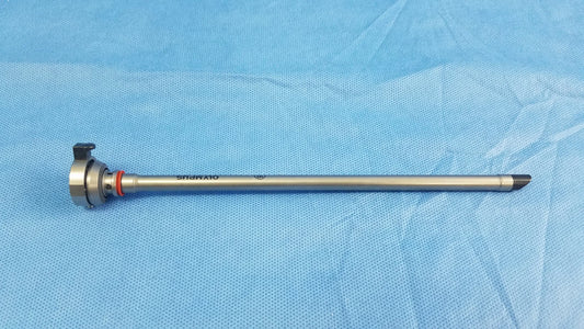 Silver metallic 26fr resection sheath instrument component with black-tipped end and engraved olympus germany branding