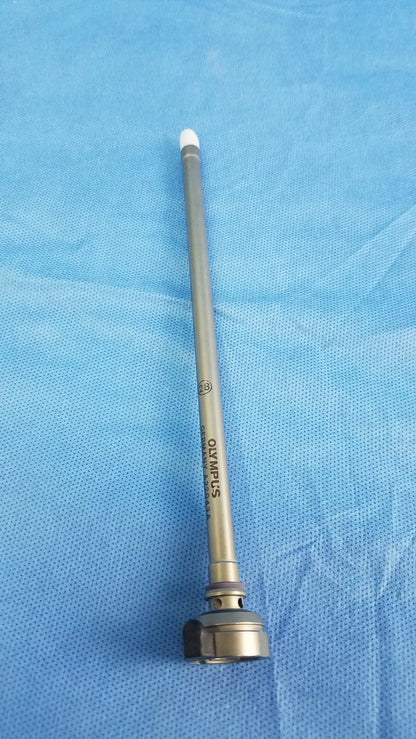 Silver-colored metal 28fr resection sheath with white tip and engraved Olympus Germany branding instrument component