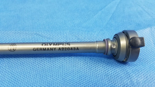 Silver metallic Olympus Germany A22043A 28Fr resection sheath with engraved marking and black plastic knob instrument component