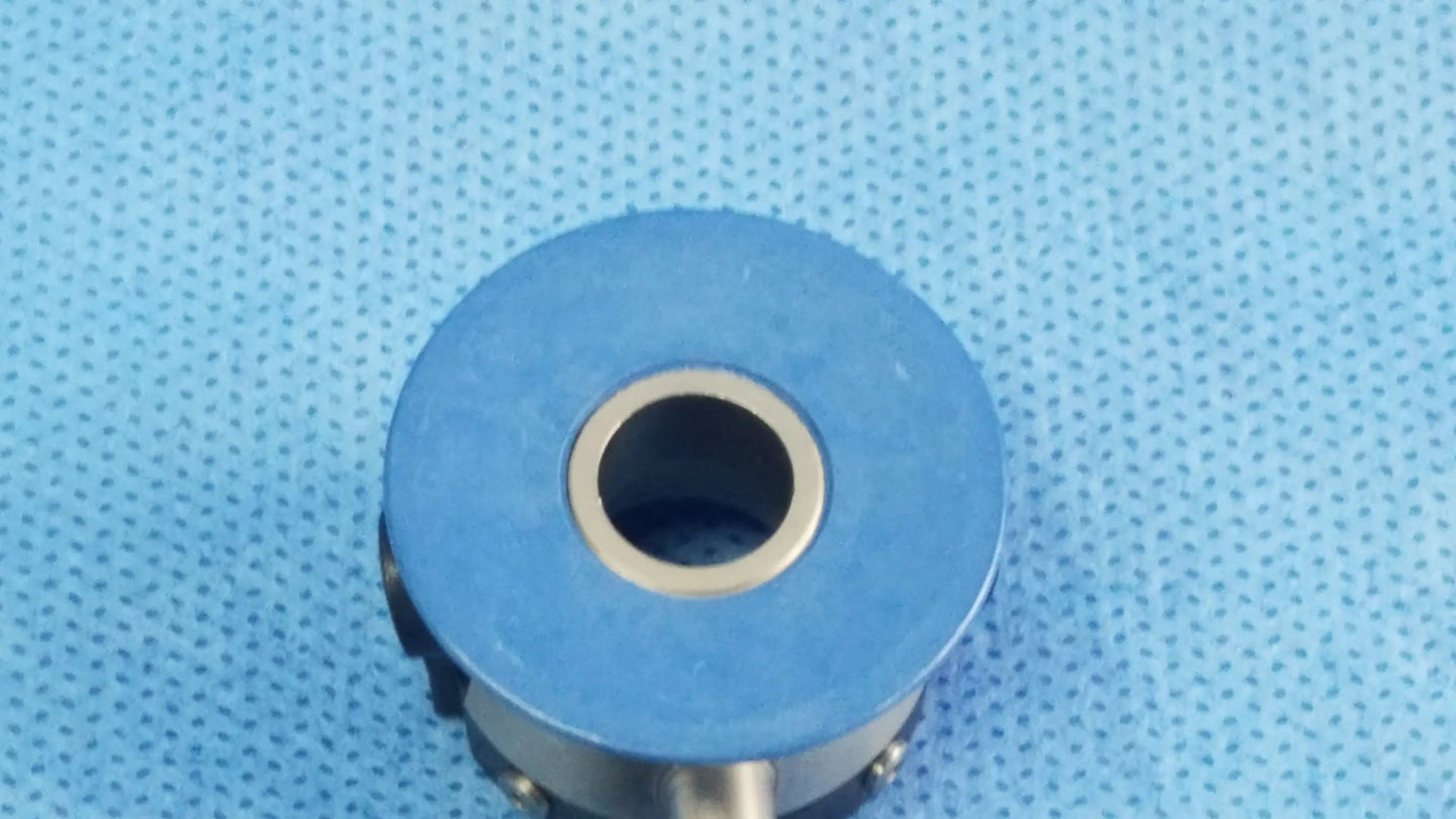 Blue irrigation port with metallic inner ring and screws compatible with Olympus endoscopic instrument component