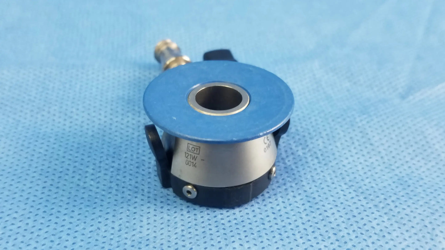 Blue and silver industrial sensor with black accents and threaded connection for compatible Olympus irrigation port endoscopic instrument component