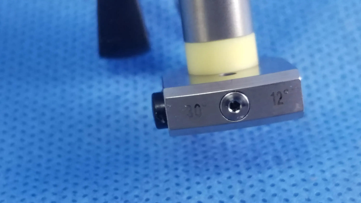 Silver metallic precision angle gauge with engraved markings and yellow grip in richard wolf a42091a working insert tray