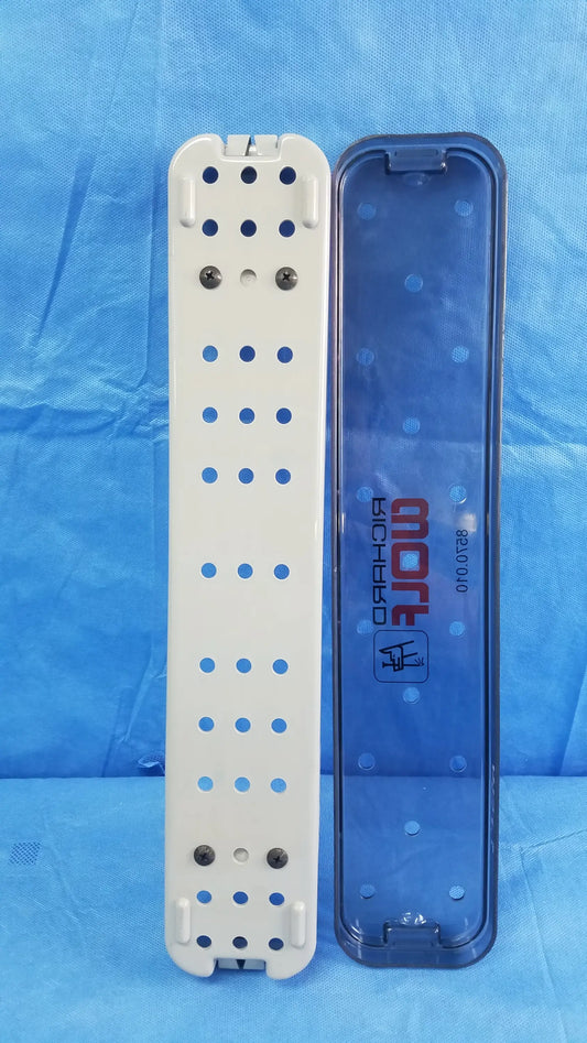 White and translucent blue plastic orthopedic working insert a42091a with circular holes and richard wolf branding