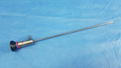 Silver surgical endoscope compatible with olympus cystoscopic systems featuring black red and blue handle a22002a model