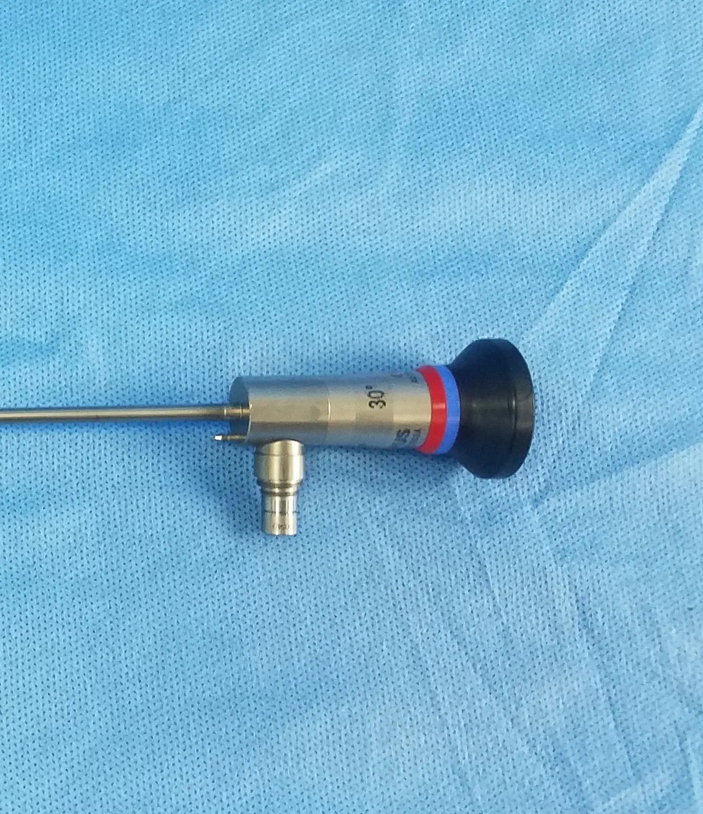 Silver surgical endoscope with black red and blue ringed handle compatible olympus cystoscopic a22002a system part