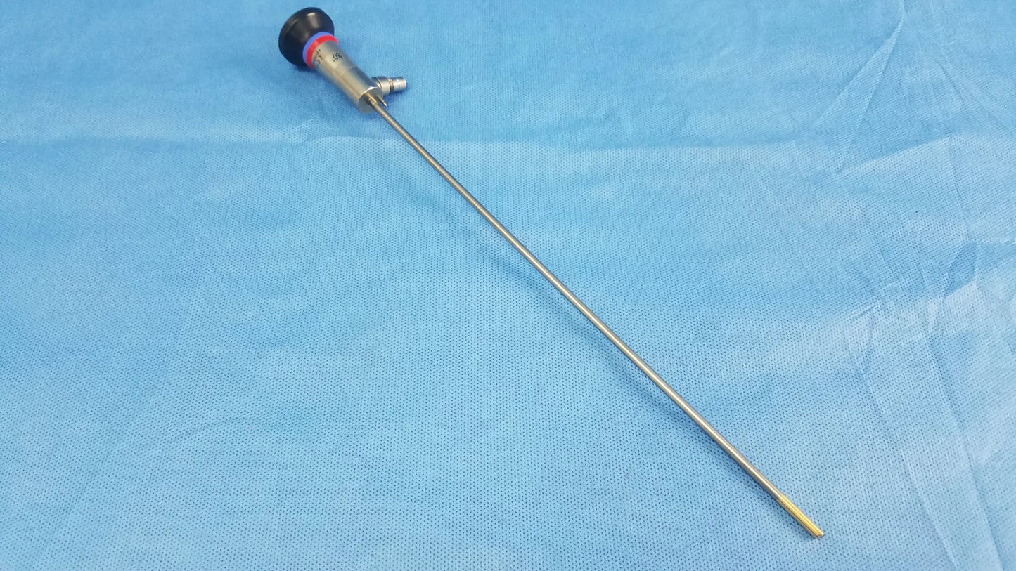 Silver surgical endoscope with black and red handle, metallic shaft, and yellow tip compatible olympus cystoscopic a22002a