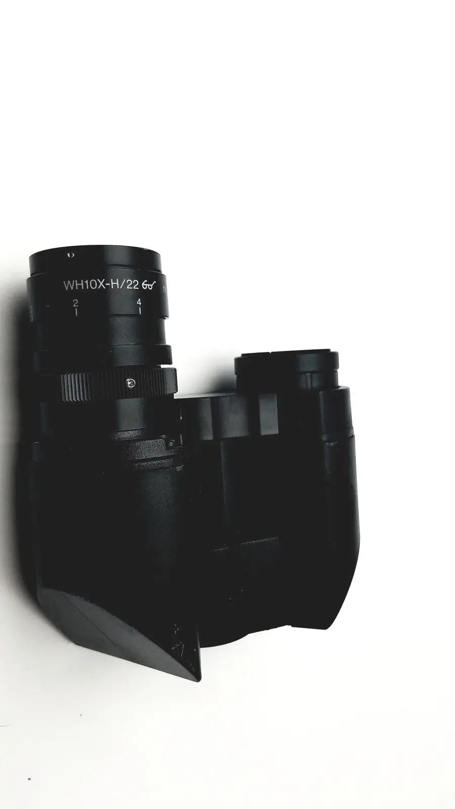 Black matte Olympus Japan microscope head wh10x-h/22 binoculars with engraved model markings on the lens housing