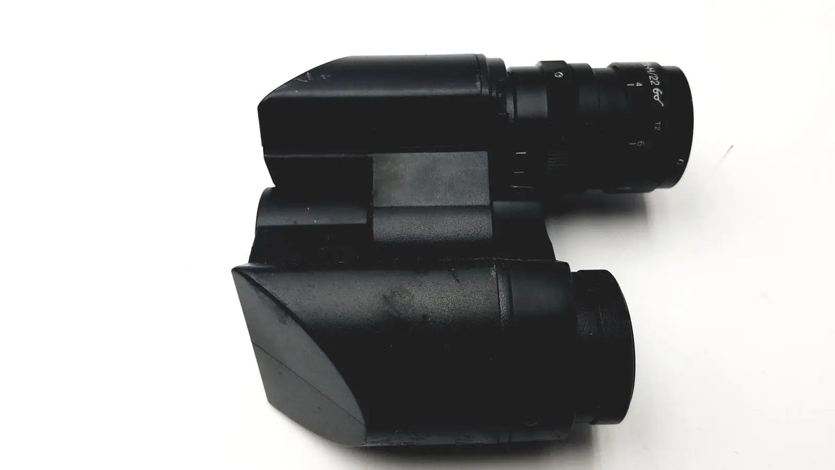 Black matte-finished olympus japan microscope head wh10x-h/22 with rugged angular design and visible lens markings