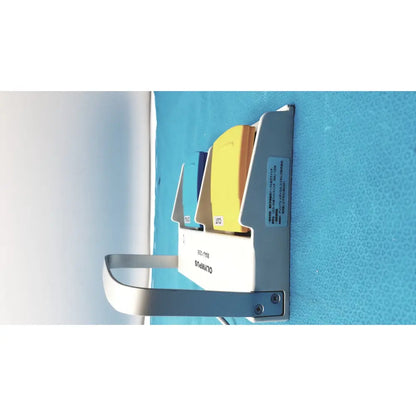 White and silver olympus wall-mounted card holder with three compartments holding yellow, blue, and orange cards for pedal foot switch use
