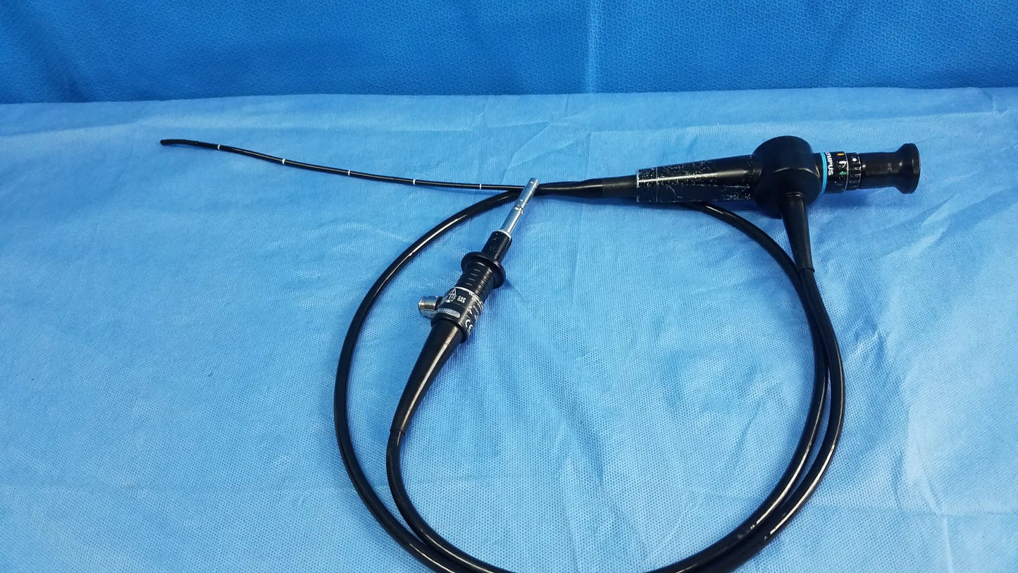 Black flexible fiber optic rhino-laryngoscope endoscope with articulated control knobs by olympus medical systems