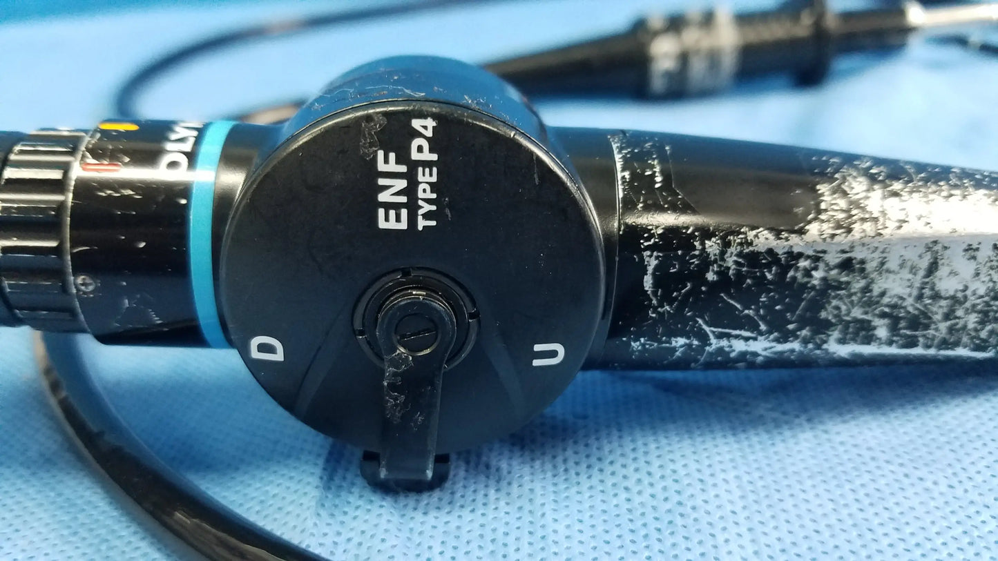 Black olympus medical systems enf-p4 flexible fiber optic endoscope with textured metallic body and circular control dial