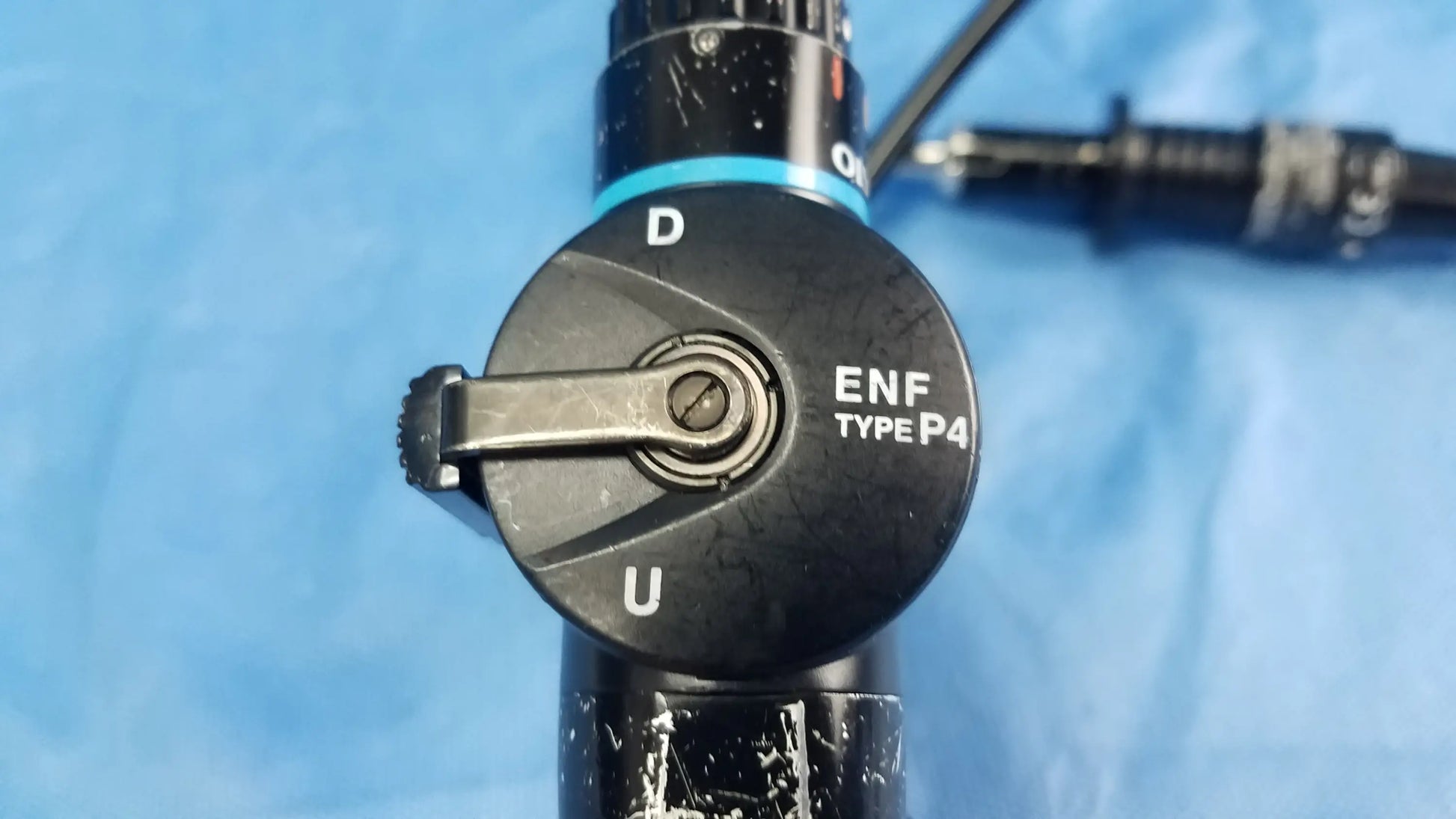 Olympus medical systems black enf p4 flexible fiber optic rhino-laryngoscope endoscope with textured dial and blue accent ring
