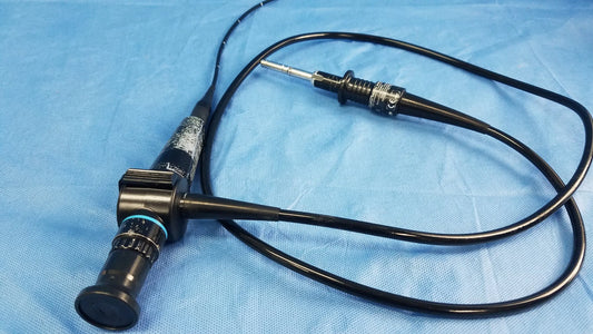 Black olympus medical systems flexible fiber optic endoscope with metallic tip and textured grip for medical use