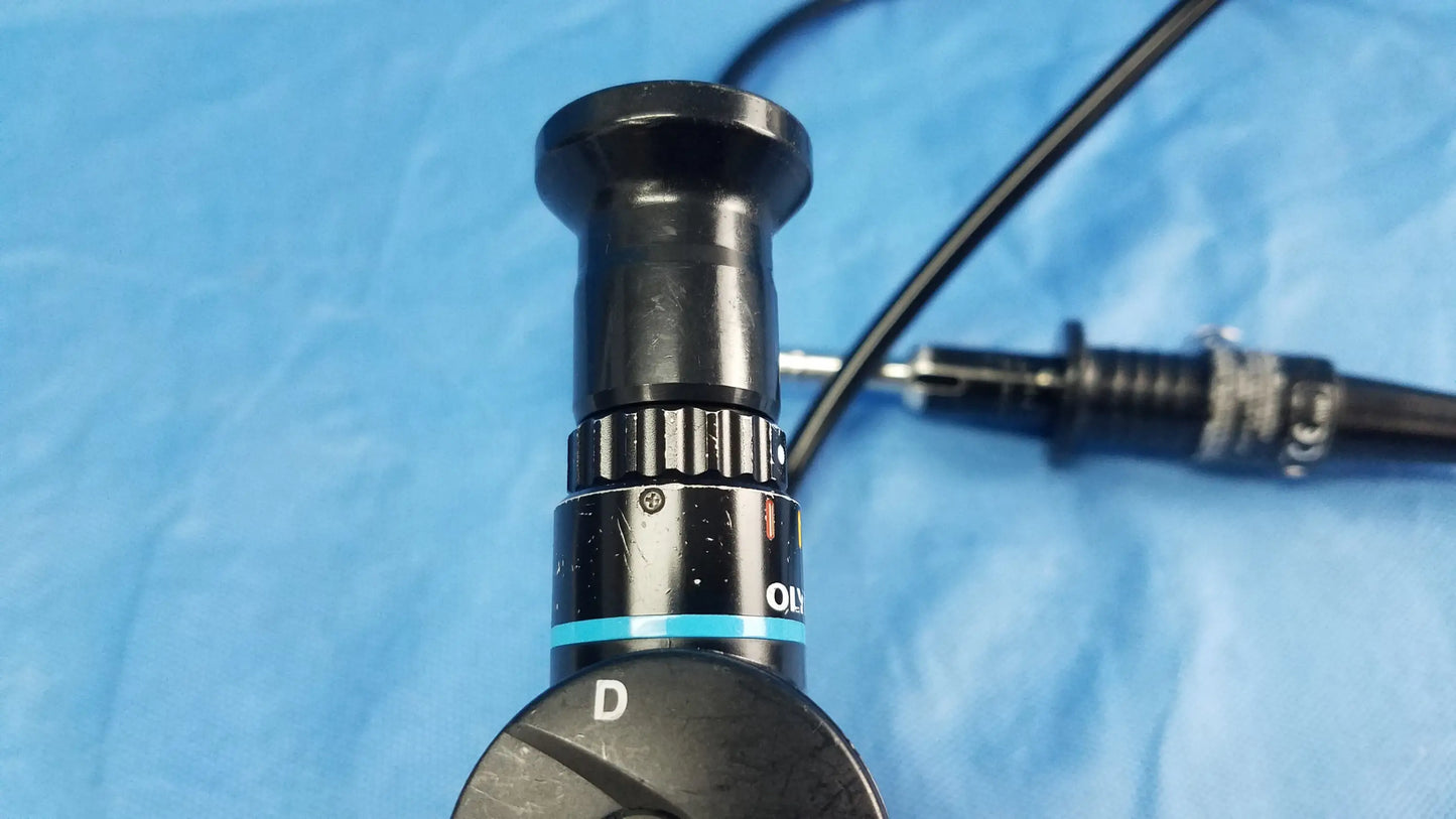Black olympus medical systems enp-p4 rhino-laryngoscope flexible fiber optic endoscope with textured grip and blue accent ring