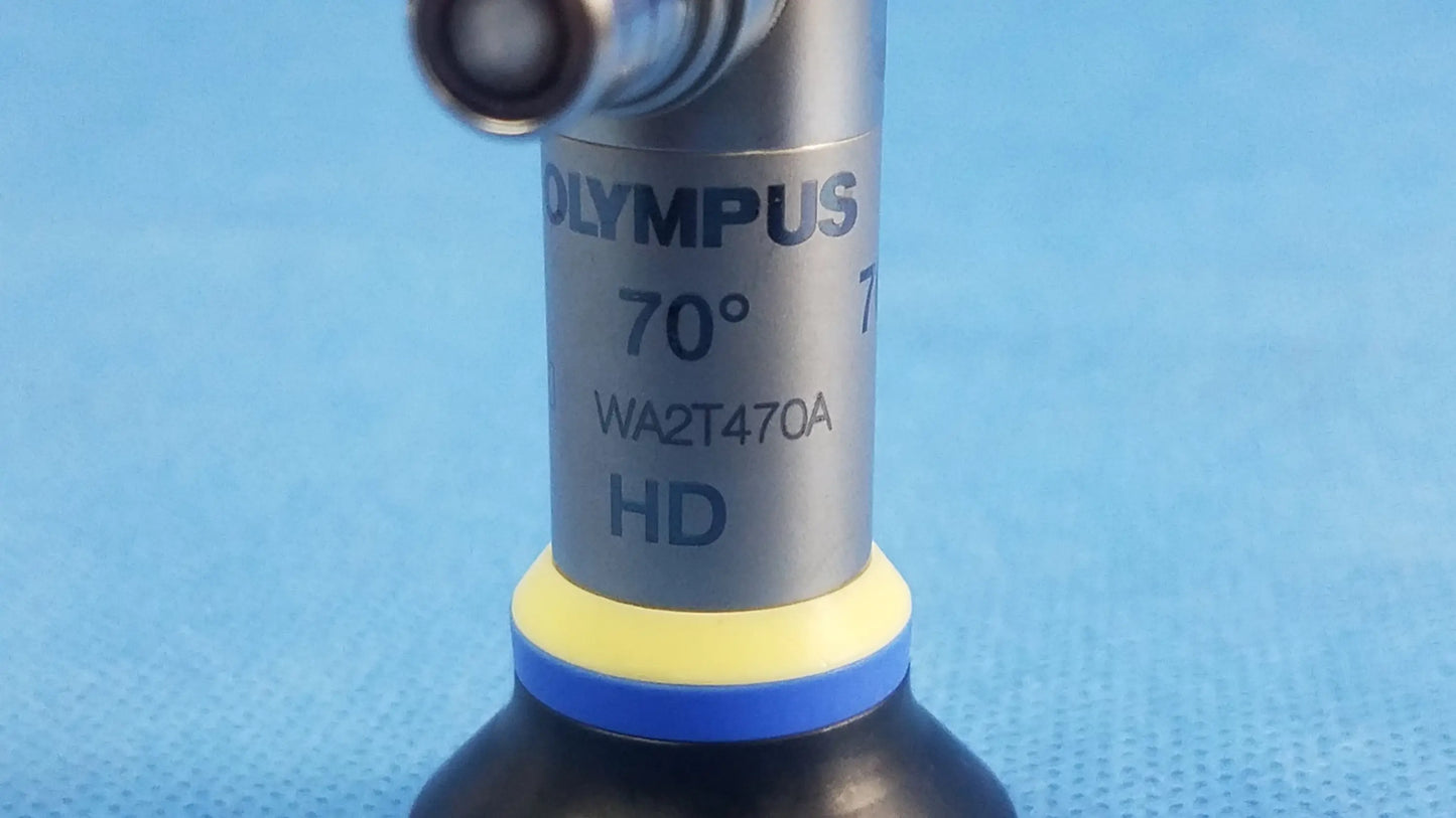 Olympus OES Elite wa2t470a hd rigid telescope objective lens with metallic body and yellow-blue ring