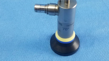Silver metallic olympus oes elite wa2t470a rigid telescope with black rubber base and yellow ring marked 70 degrees