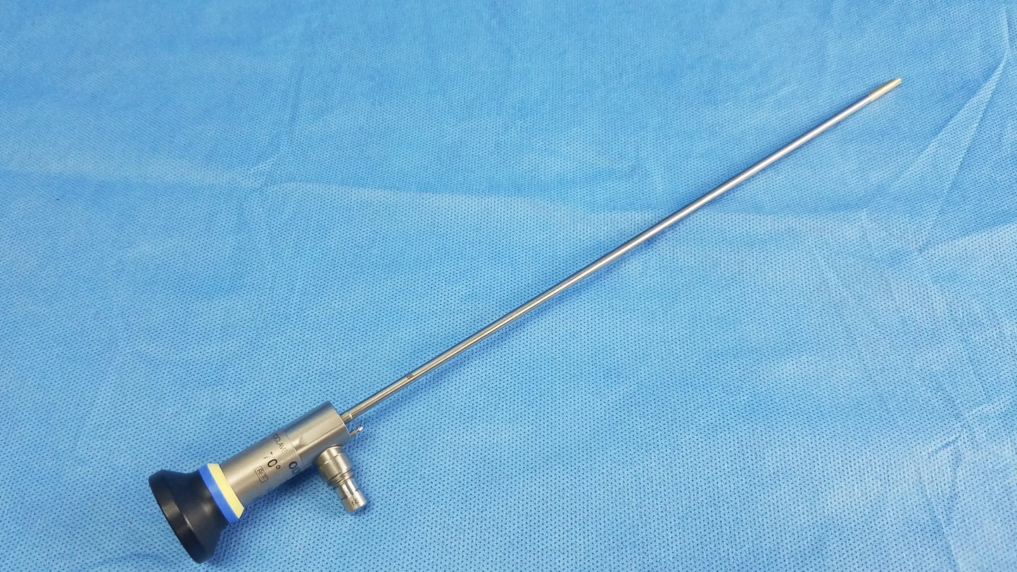 Silver Olympus oes elite wa2t470a rigid telescope with black rubber tip and blue accent ring for surgical use
