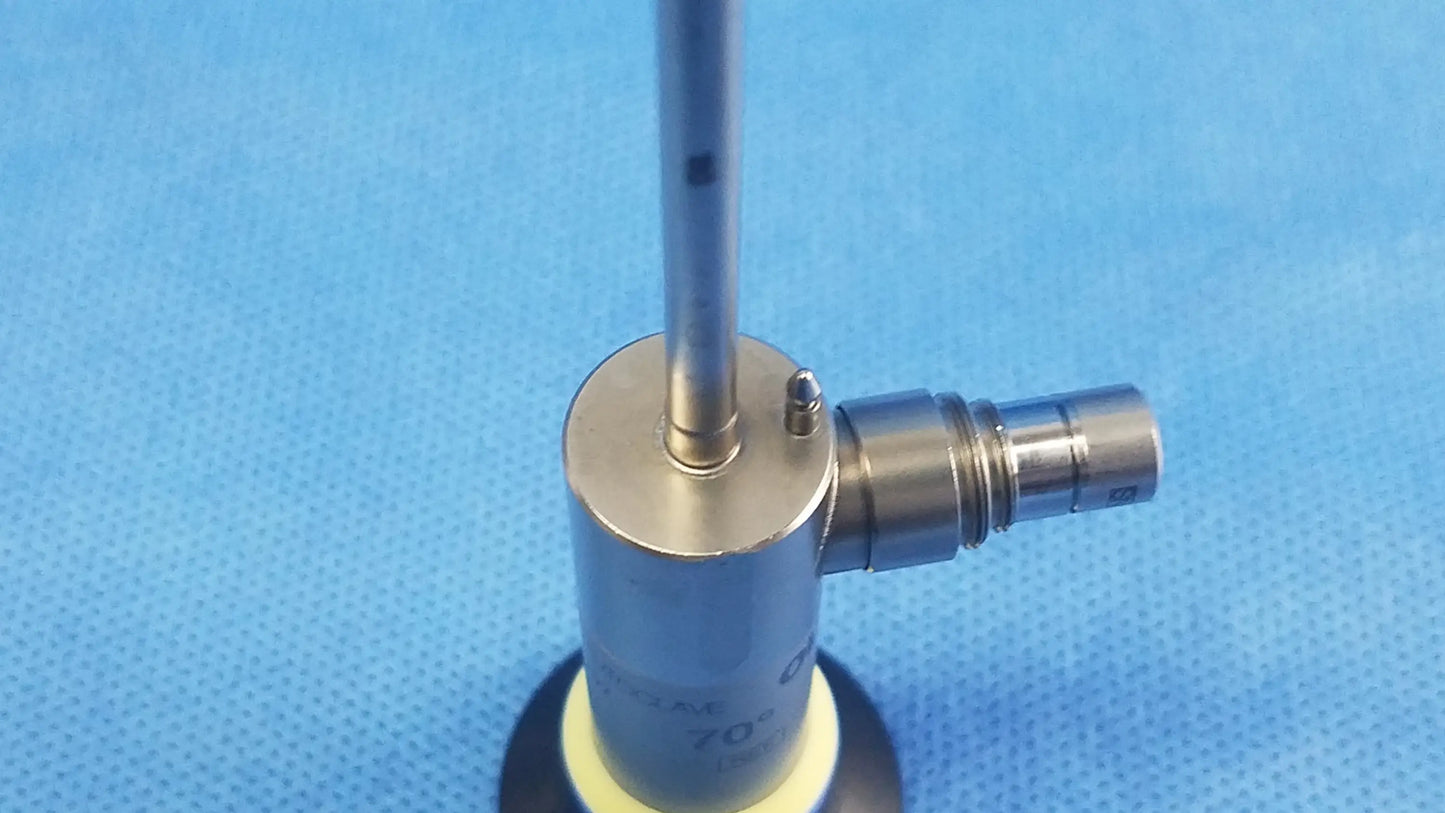 Silver oes elite rigid telescope wa2t470a with cylindrical body, threaded side connector, and black circular base