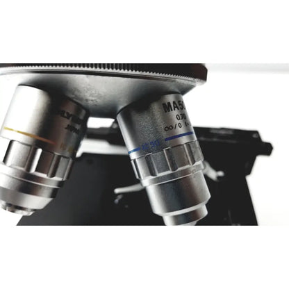 Silver metallic microscope objective lenses with engraved markings and blue lines for olympus optical bh2-uma microscope