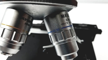 Silver metallic microscope objective lenses with engraved markings and blue lines for olympus optical bh2-uma microscope