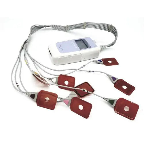 White portable olympus re-1 endocapsule recorder with six red adhesive electrode pads and maj-1473 lead set attached