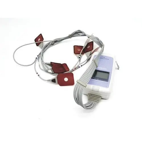 White and lavender olympus re-1 endocapsule recorder with red electrode pads and gray wires in maj-1473 lead set