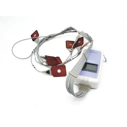 White and lavender olympus re-1 endocapsule recorder with red electrode pads and gray wires in maj-1473 lead set