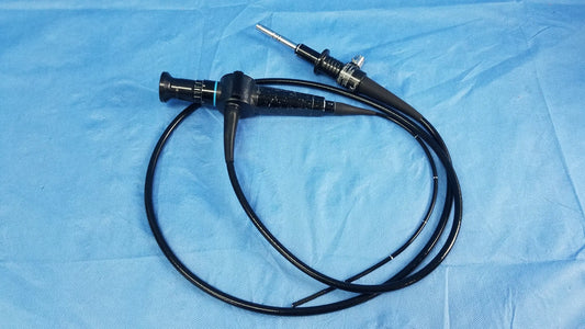 Black flexible fiber optic endoscope with metallic tip and control knobs for rhino-laryngoscope use by Olympus