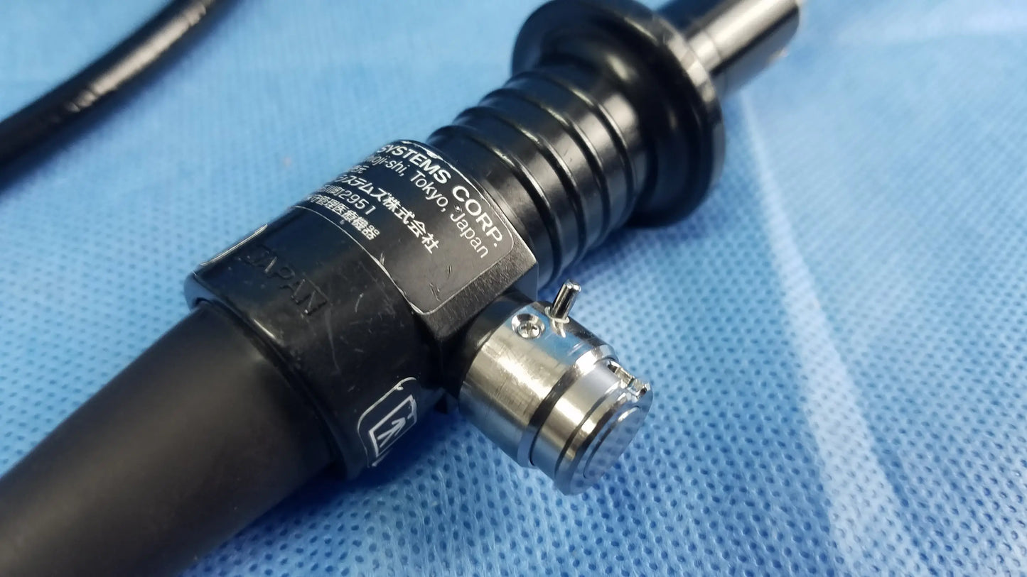 Olympus rhino-laryngoscope ENF-P4 fiber optic endoscope with black and silver ribbed barrel and metallic connector
